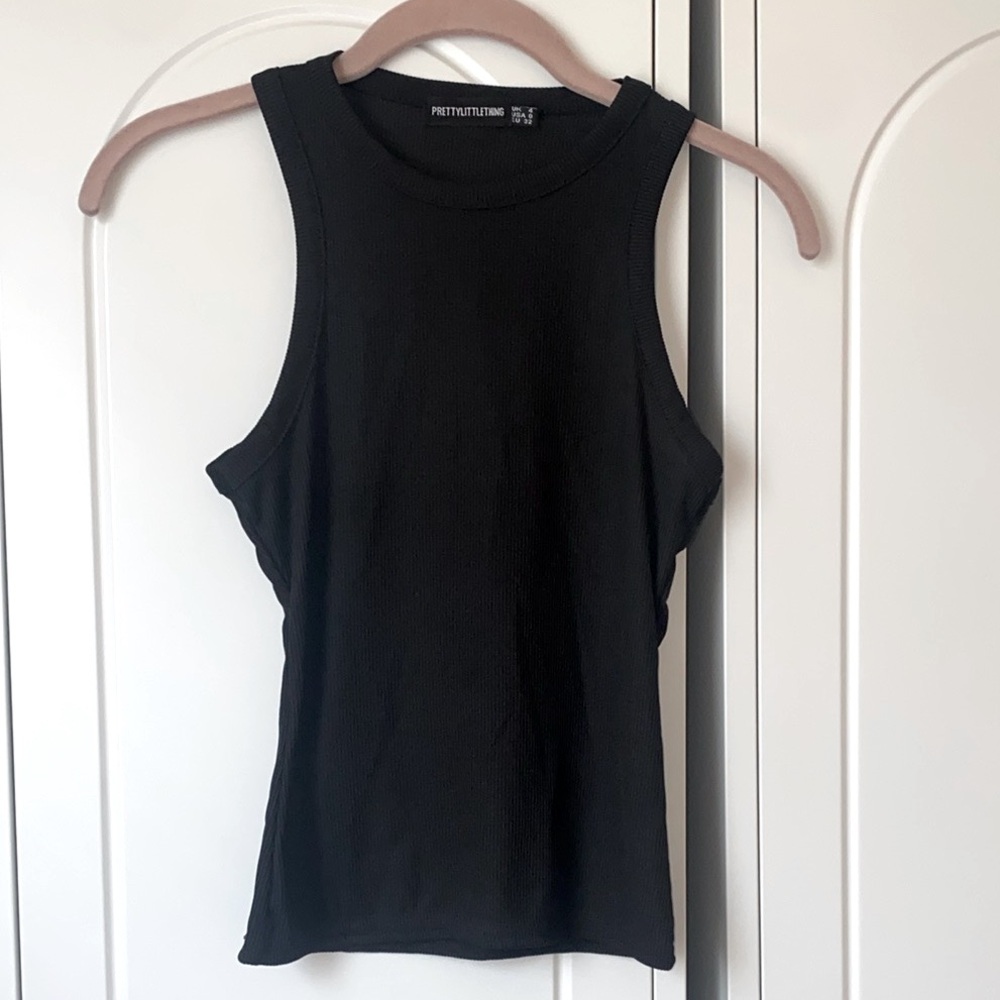 NWOT PrettyLittleThing Black Ribbed Flattering Cut Out Tank Top